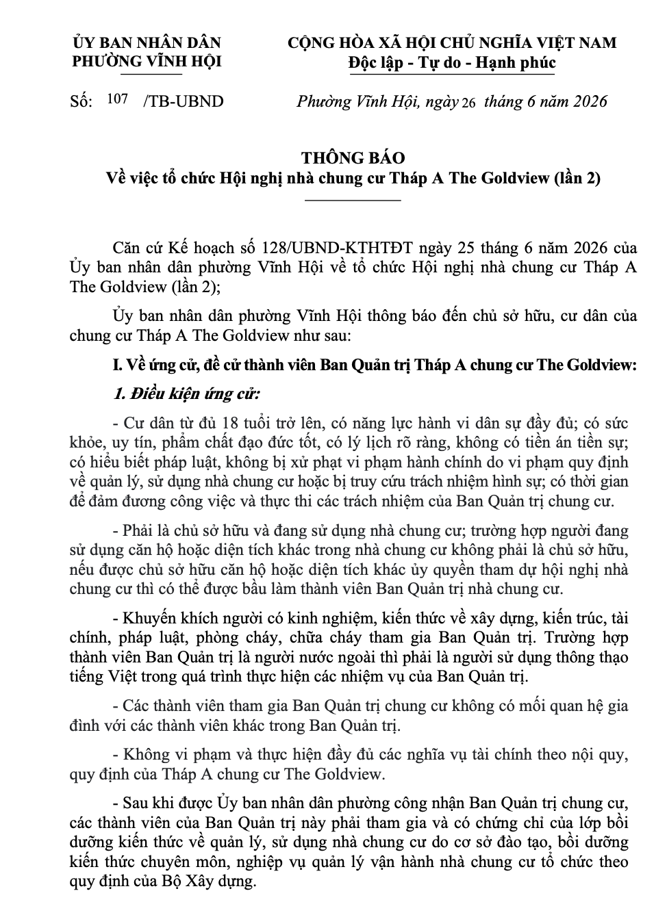 THÔNG BÁO Vv: Chuyển tiếp Thông báo Tổ Chức Hội Nghị Nhà Chung Cư Tháp A  Chung Cư Goldview (Lần 2) Theo Văn Bản Số 107/TB-UBND/ ANNOUNCEMENT Ref: Forwarding the Announcement for Organizing the Annual General Meeting of Tower A at The Goldview (2nd time) 