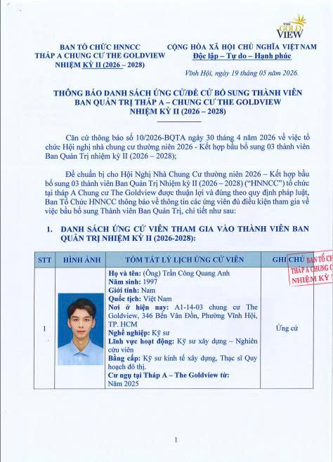 THÔNG BÁO  NIÊM YẾT DANH DÁCH ỨNG CỬ/ ĐỀ CỬ THAM GIA BAN QUẢN TRỊ THÁP A THE GOLDVIEW NHIỆM KỲ II (2026 – 2028)
