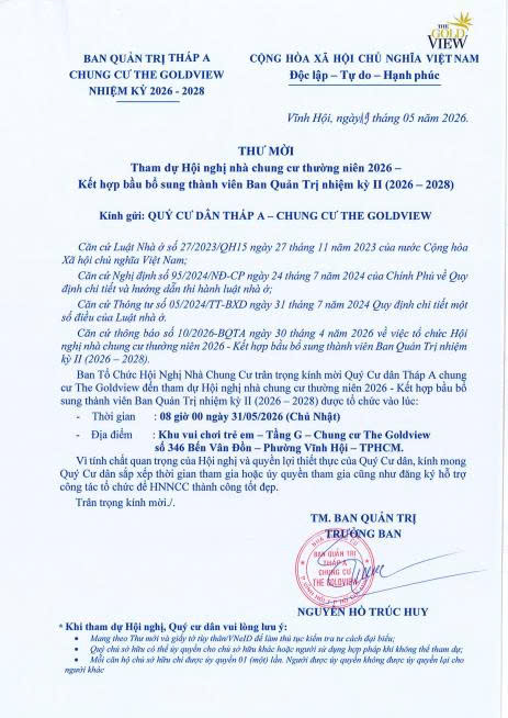 THÔNG BÁO CHUYỂN TIẾP THƯ MỜI THAM DỰ  HỘI NGHỊ NHÀ CHUNG CƯ THƯỜNG NIÊN NĂM 2026 - KẾT HỢP  BẦU BỔ SUNG THÀNH VIÊN BAN QUẢN TRỊ NHIỆM KỲ II (2026 – 2028)