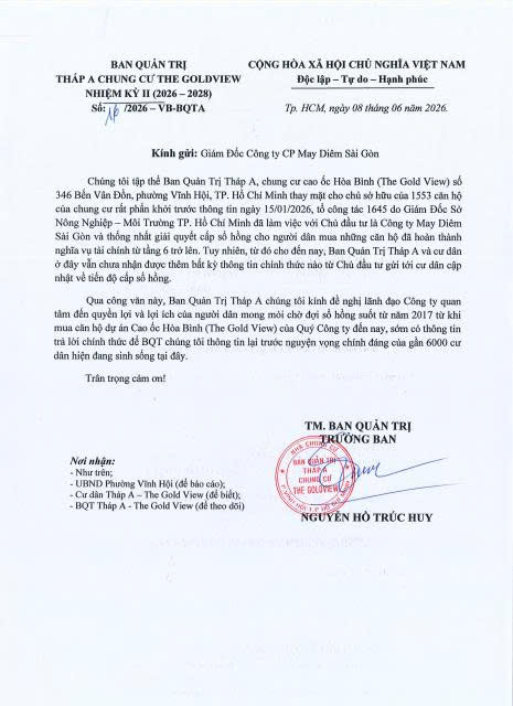 CHUYỂN TIẾP CÔNG VĂN SỐ 16/2026 - BQTA GỬI CÔNG TY MAY DIÊM SÀI GÒN  VỀ TIẾN ĐỘ CẤP SỔ HỔNG 